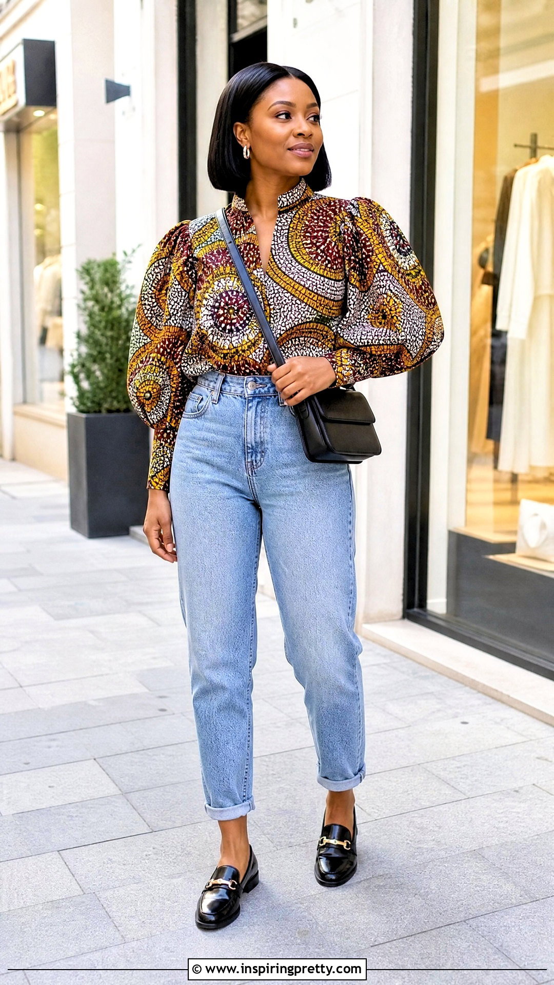 Balloon Sleeve Ankara Top With Mom Jeans - 50 cute ankara tops outfit ideas