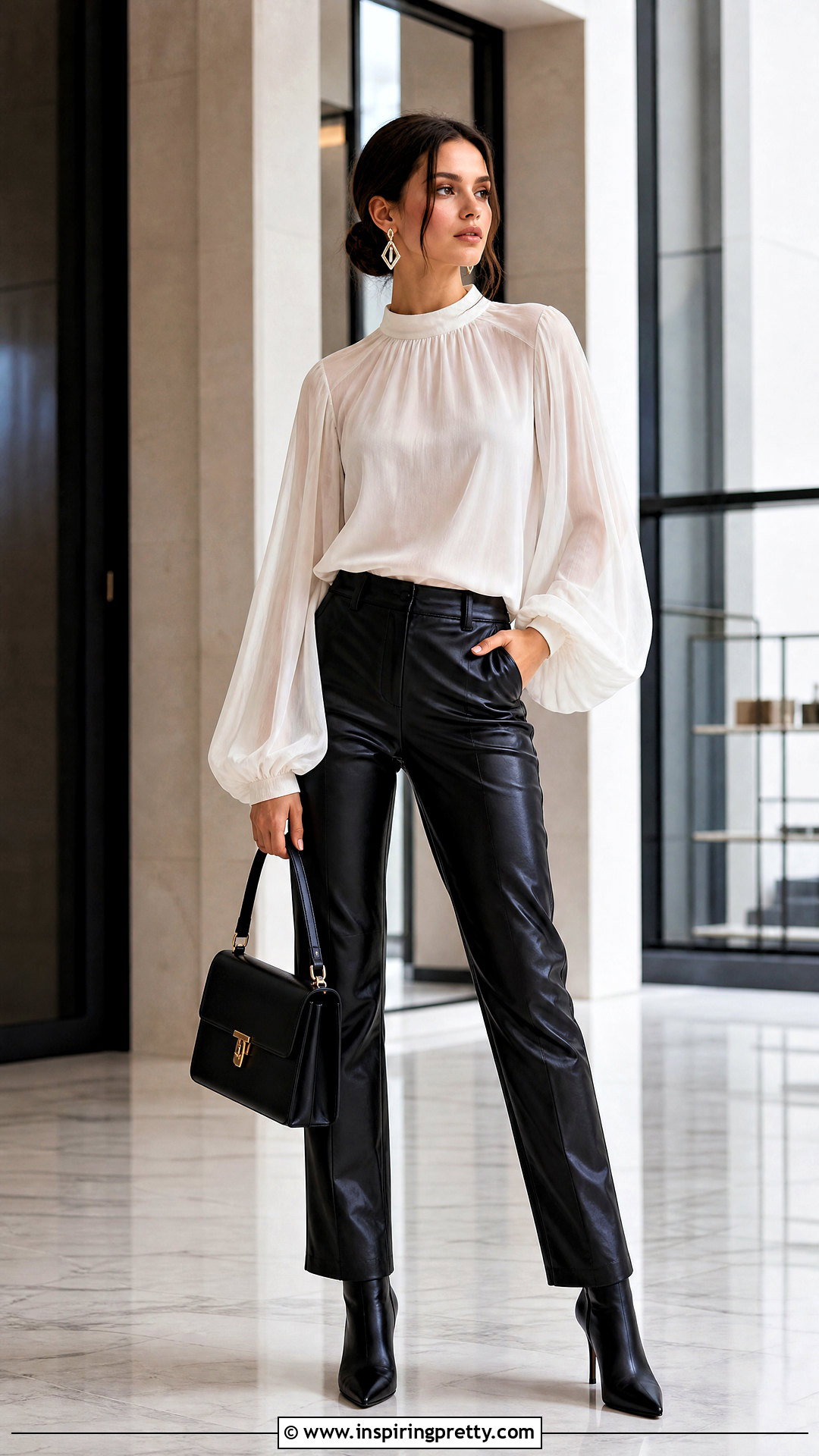Balloon Sleeve Chiffon Top With Leather Pants - 50 chiffon top styles