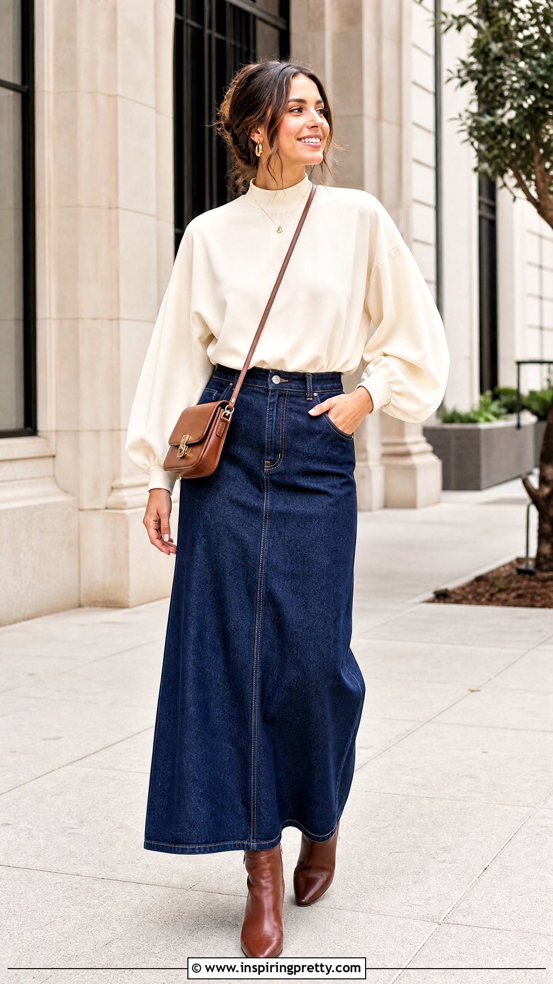 Balloon Sleeve Modest Top With Denim Maxi Skirt - 50 modest tops for women