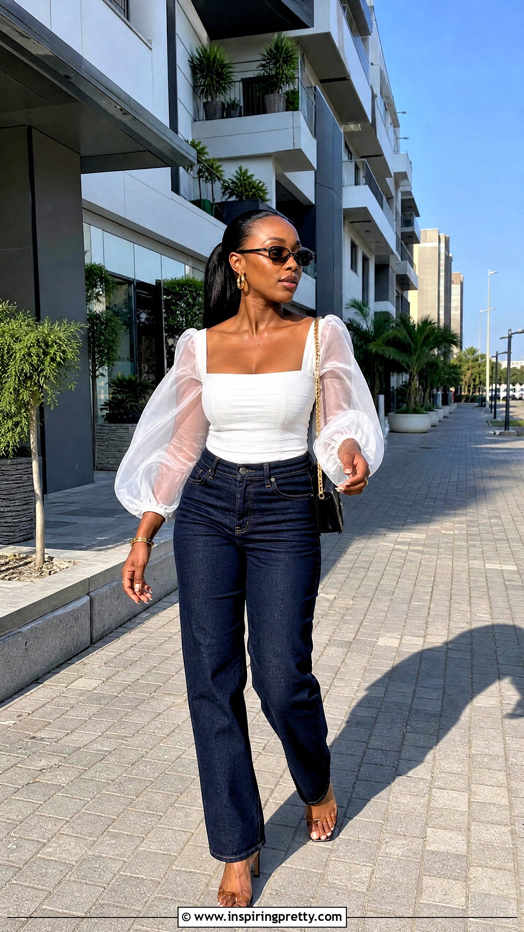 Balloon Sleeve Organza Top With Straight Jeans - 20 Nigerian Organza Tops Blouses