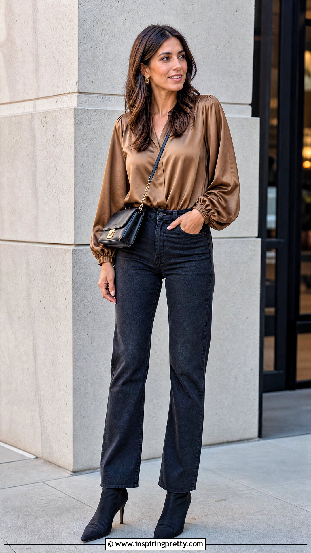 Balloon Sleeve Satin Top With Dark Jeans - 50 Satin Top Designs