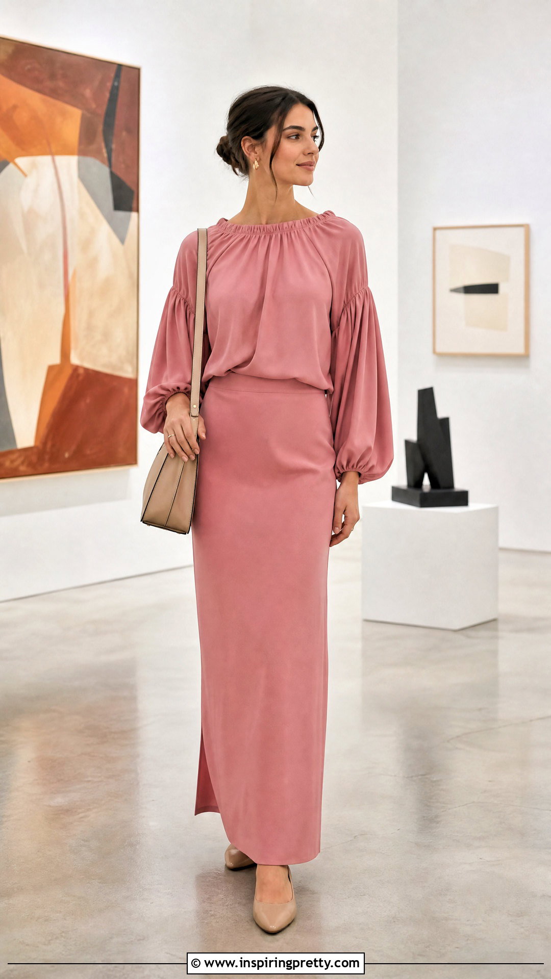 Balloon Sleeve Top With Column Maxi Skirt - 50 modest summer tops outfit ideas