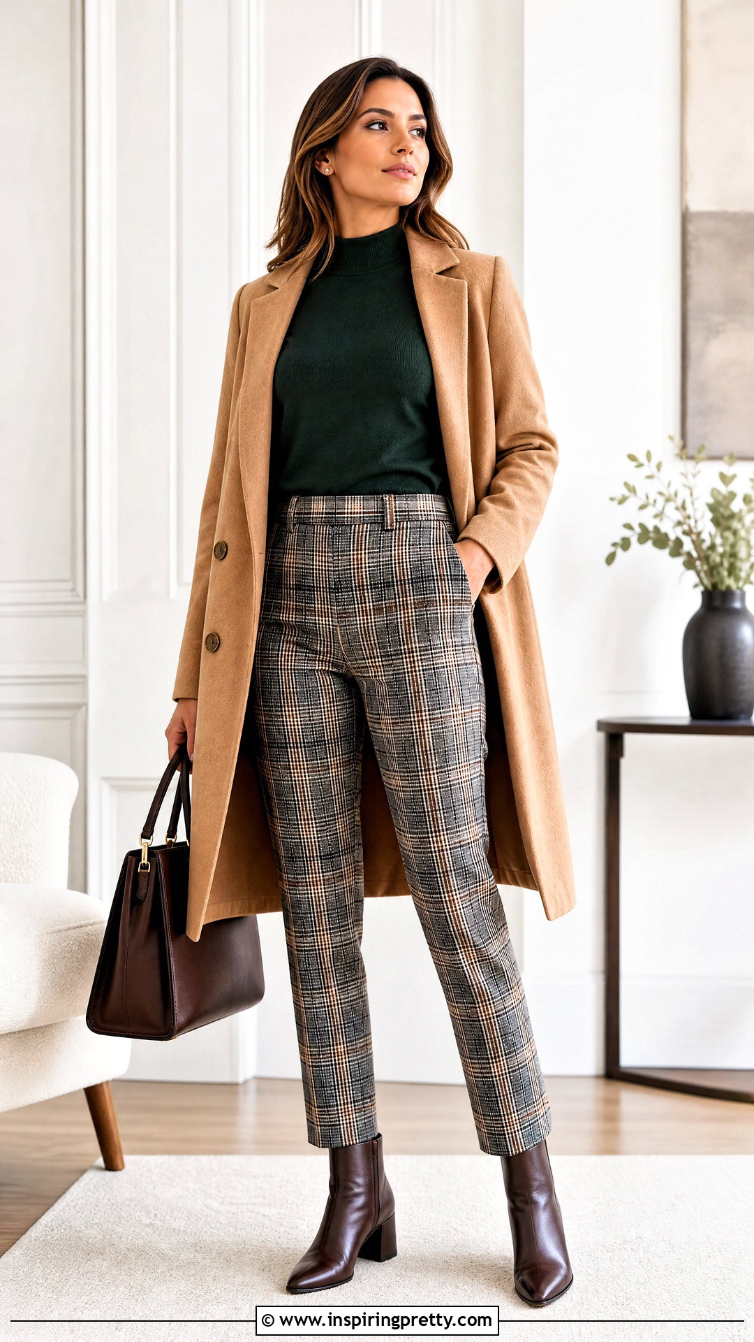 Banana Republic Green Mock Neck Top With Plaid Trousers - 20 banana republic green top outfit ideas