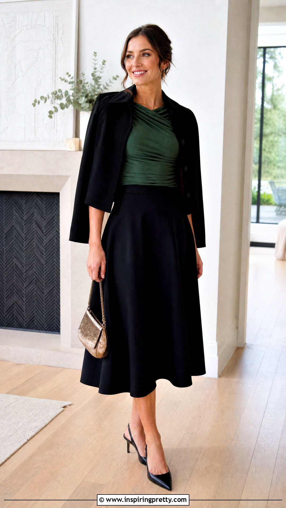 Banana Republic Green Ruched Top With Black Midi Skirt - 20 banana republic green top outfit ideas