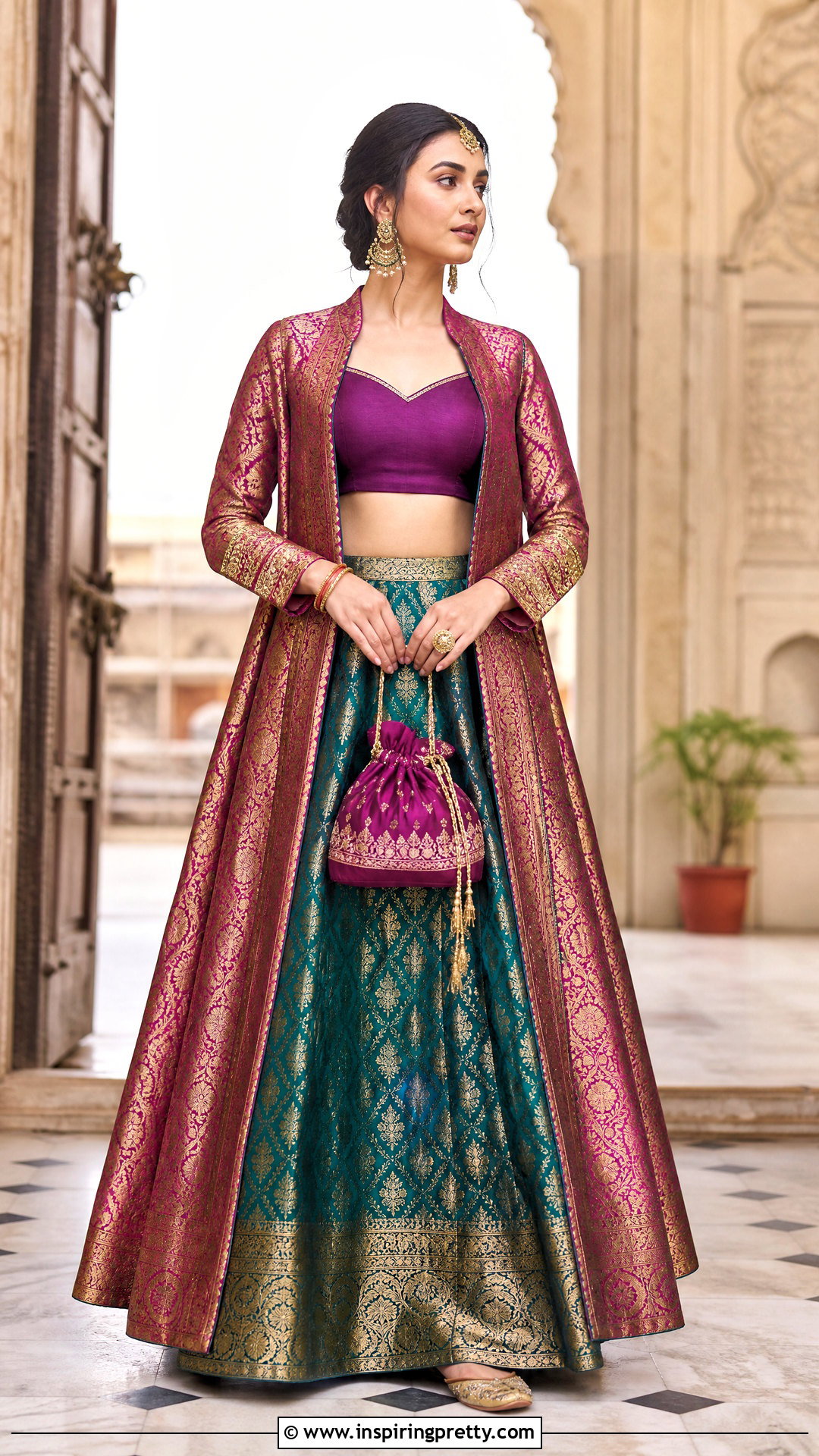 Banarasi Crop Top Lehenga With Long Jacket - 50 crop top lehenga with jacket outfit ideas