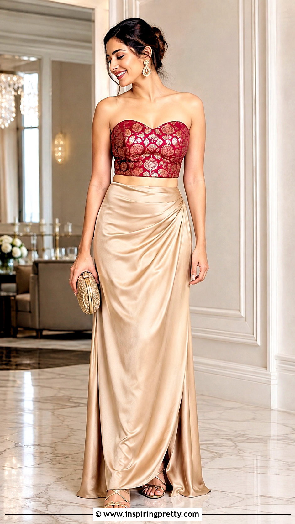 Banarasi Indo Western Bustier Top With Satin Skirt - 50 Indo Western Tops outfit ideas