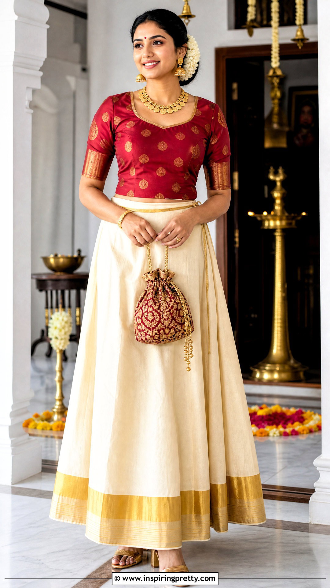 Banarasi Top And Kasavu Onam Skirt - 50 latest onam skirt and top designs