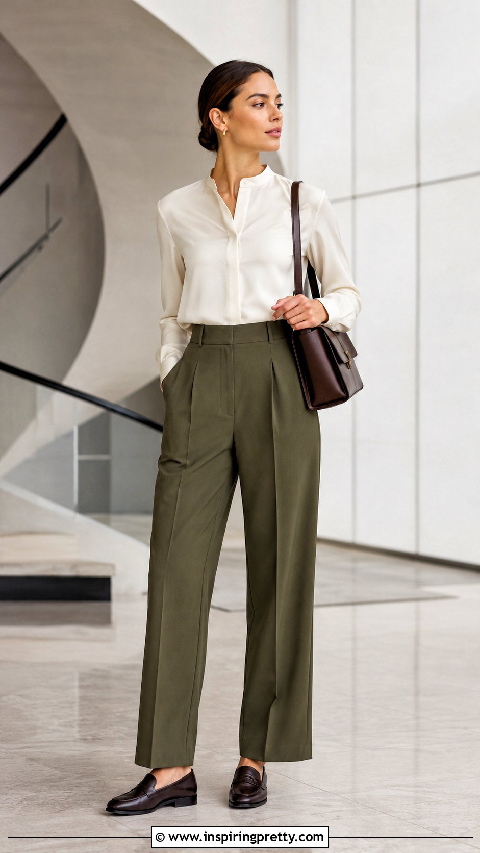 Band Collar Blouse With Pleated Trousers - 50 corporate tops blouses