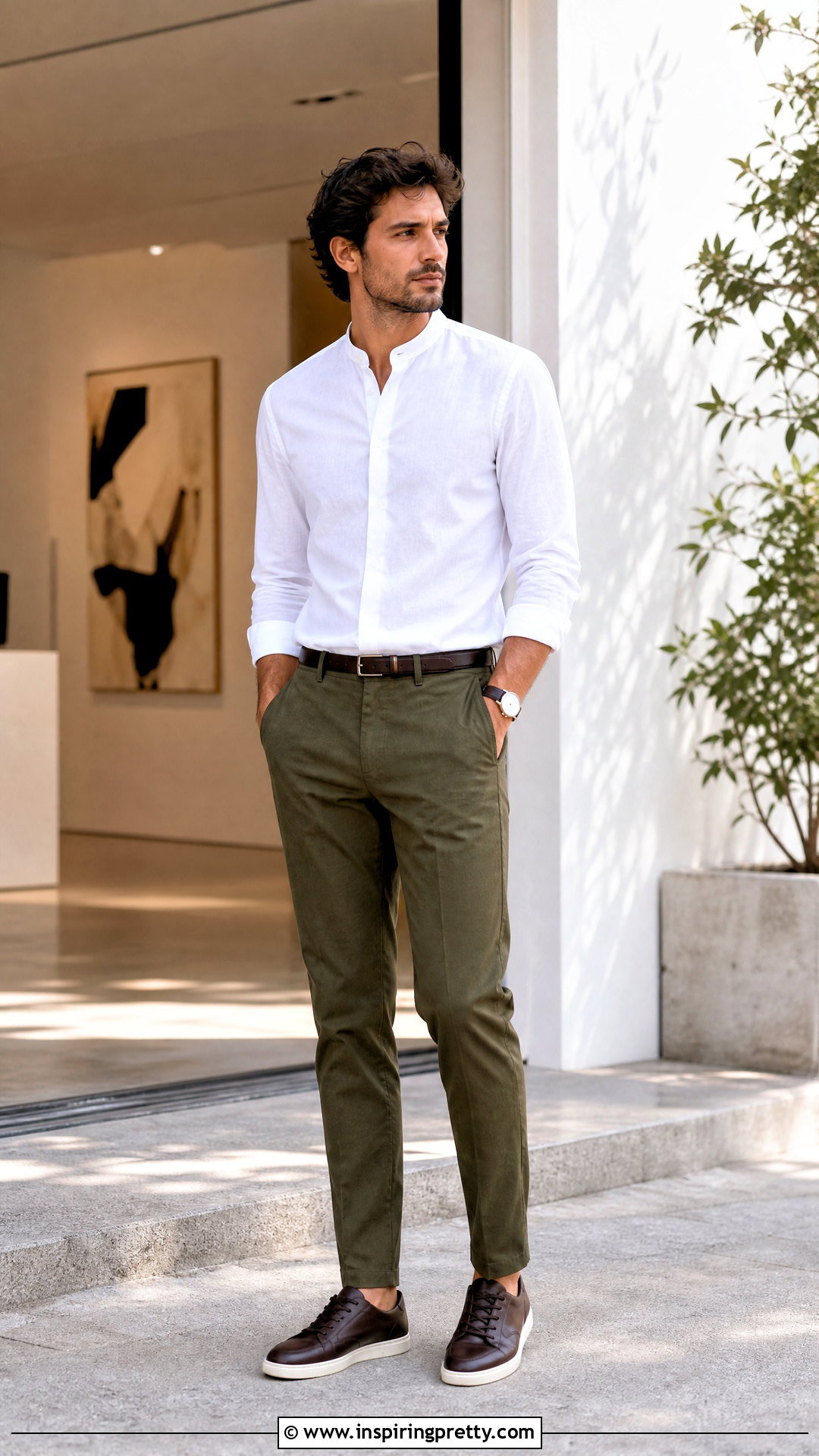Band Collar Shirt With Tapered Pants - 50 mens tops outfit ideas