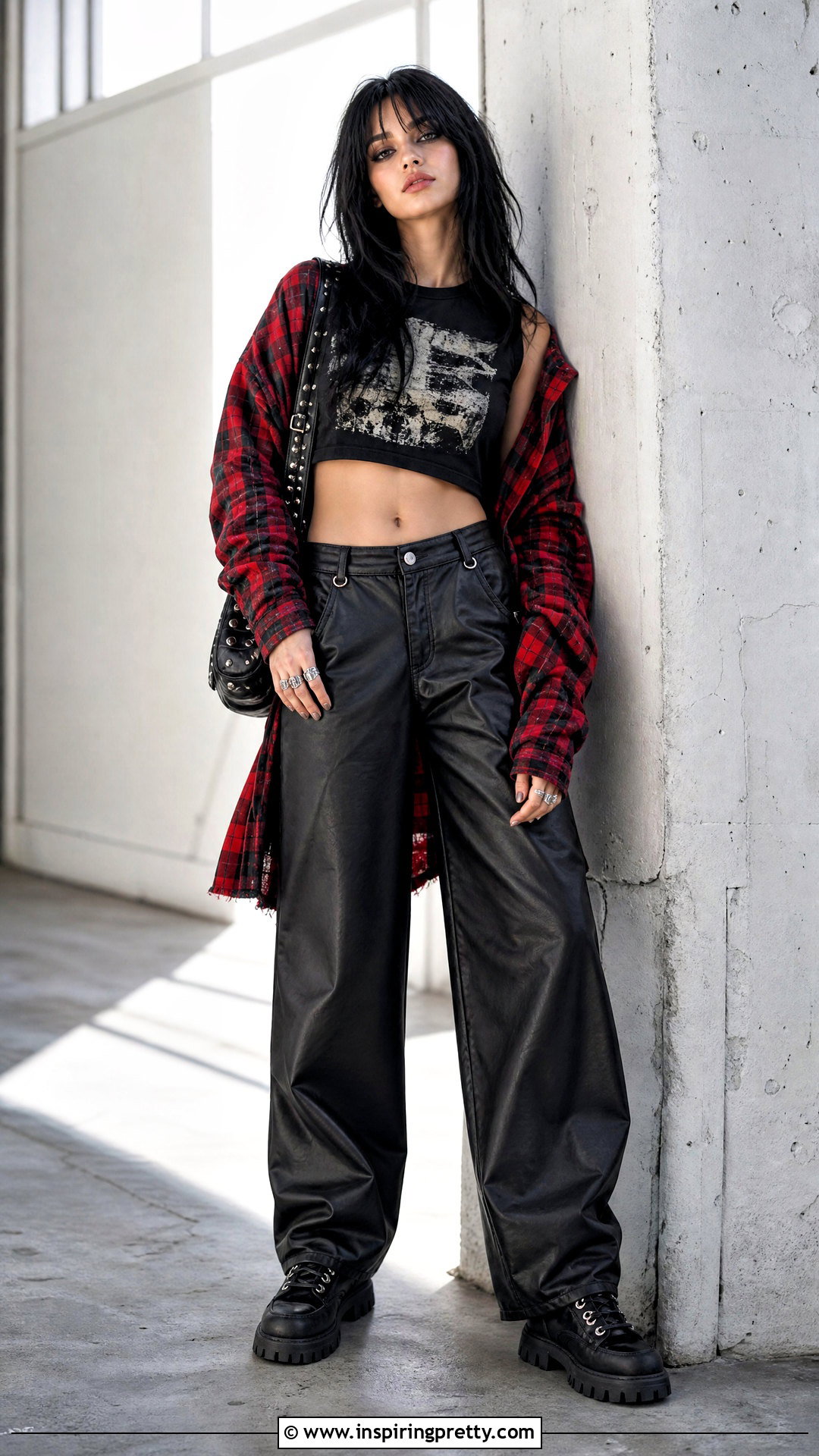 Band Crop Top And Leather Pants Outfit - 25 egirl crop top outfit ideas