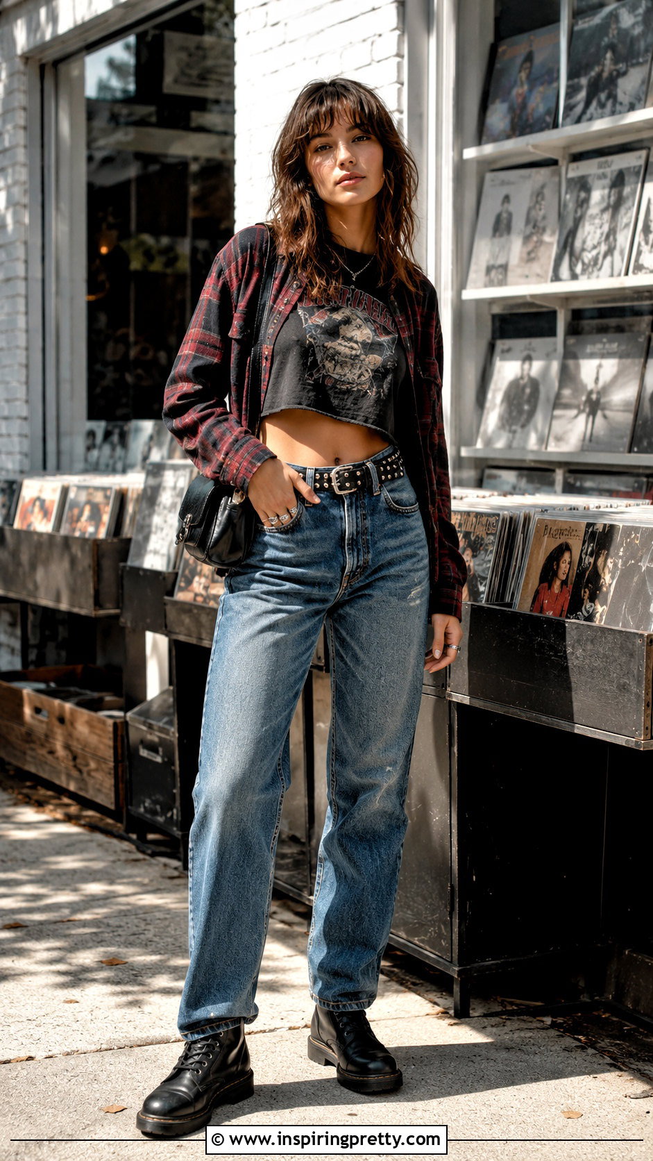 Band Crop Top Flannel and Vintage Jeans - 25 crop top flannel outfits jeans