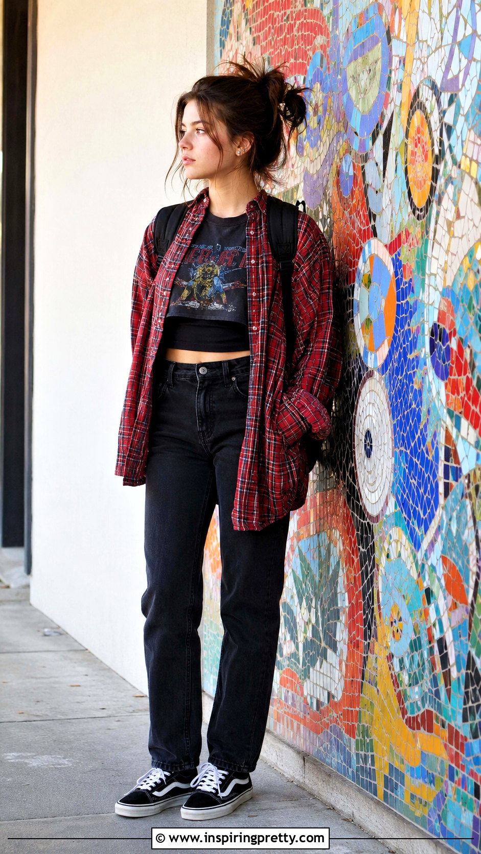 Band Crop Top With Flannel and Black Jeans - 20 cute crop tops for school outfit ideas