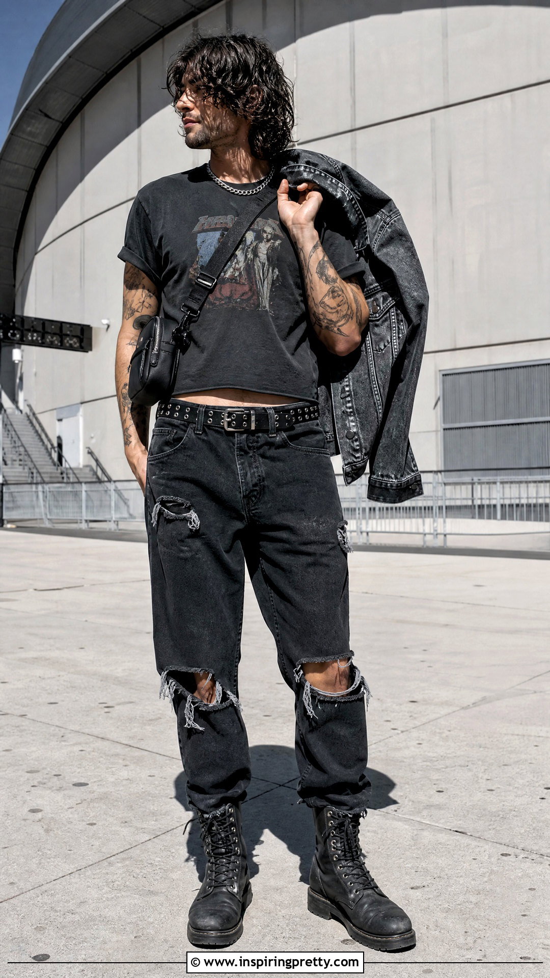 Band Crop Top With Ripped Jeans - 50 male crop top outfit ideas