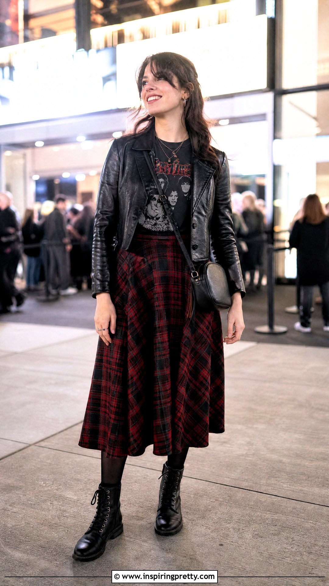 Band T Shirt And Plaid Flare Skirt Concert Outfit - 50 flare skirt and top outfit ideas