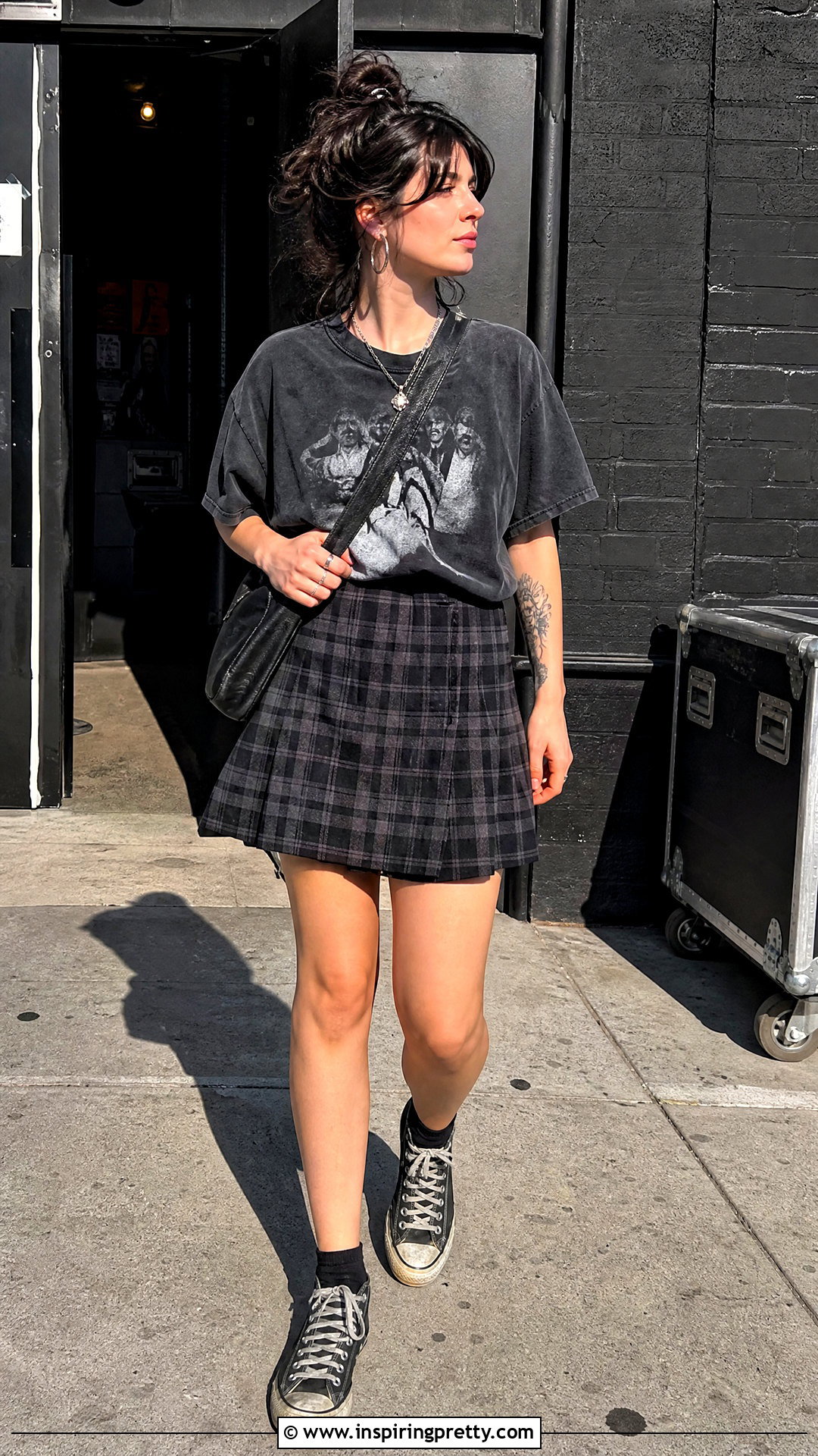Band T Shirt And Plaid Skirt Outfit - 50 summer tops aesthetic ideas