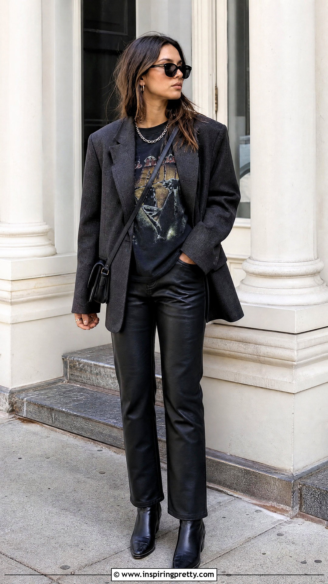 Band T Shirt With Leather Look Pants - 50 cute top outfit ideas
