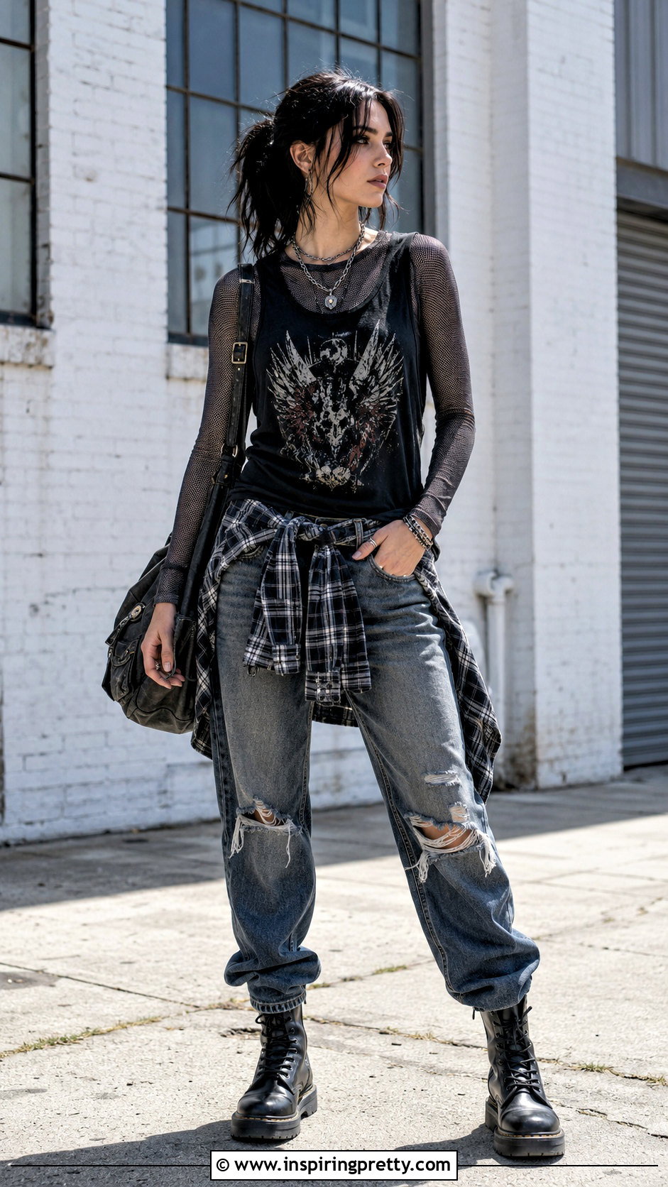 Band Tank Top Over Mesh Long Sleeve With Ripped Jeans - 50 tank top over long sleeve outfit ideas