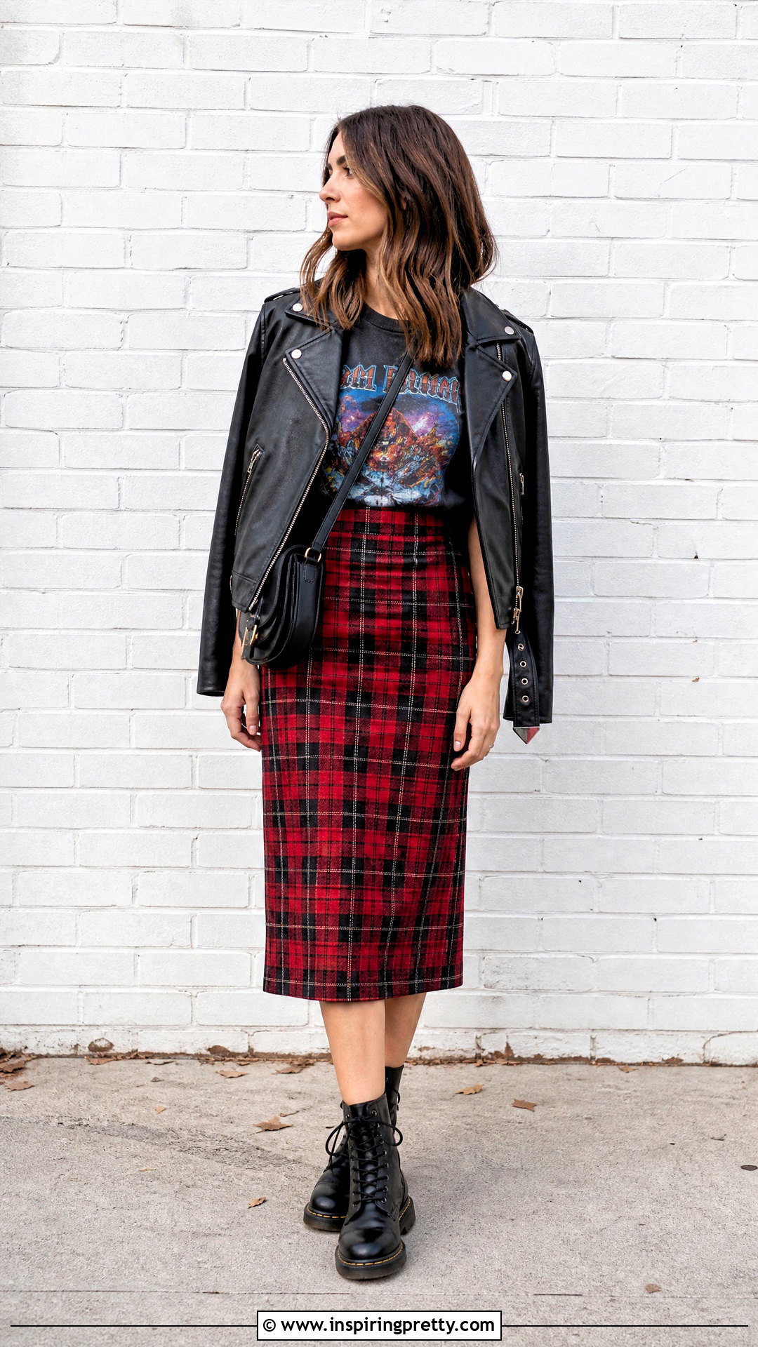 Band Tee And Plaid Midi Skirt Outfit - 50 skirt and top outfit ideas
