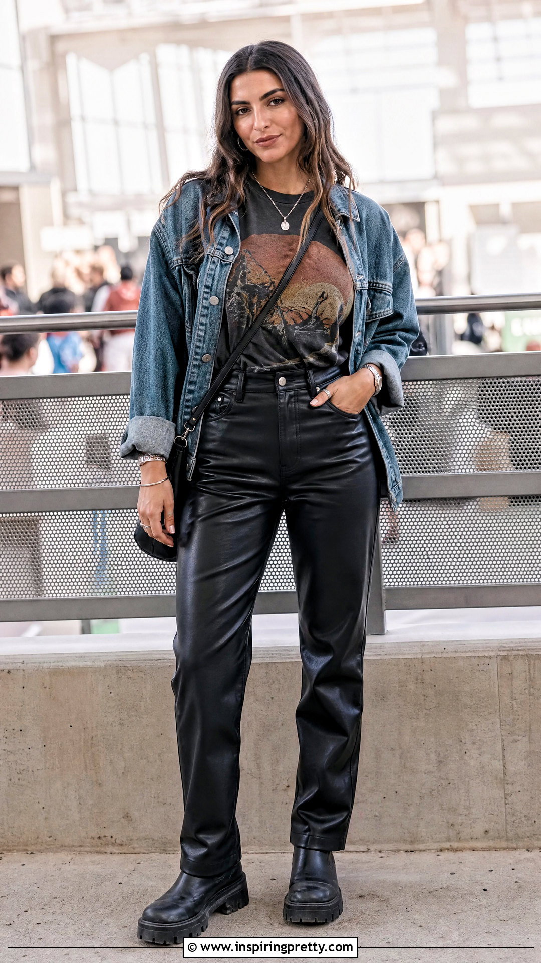 Band Tee Top With Leather Look Pants - 50 cute aesthetic tops outfit ideas