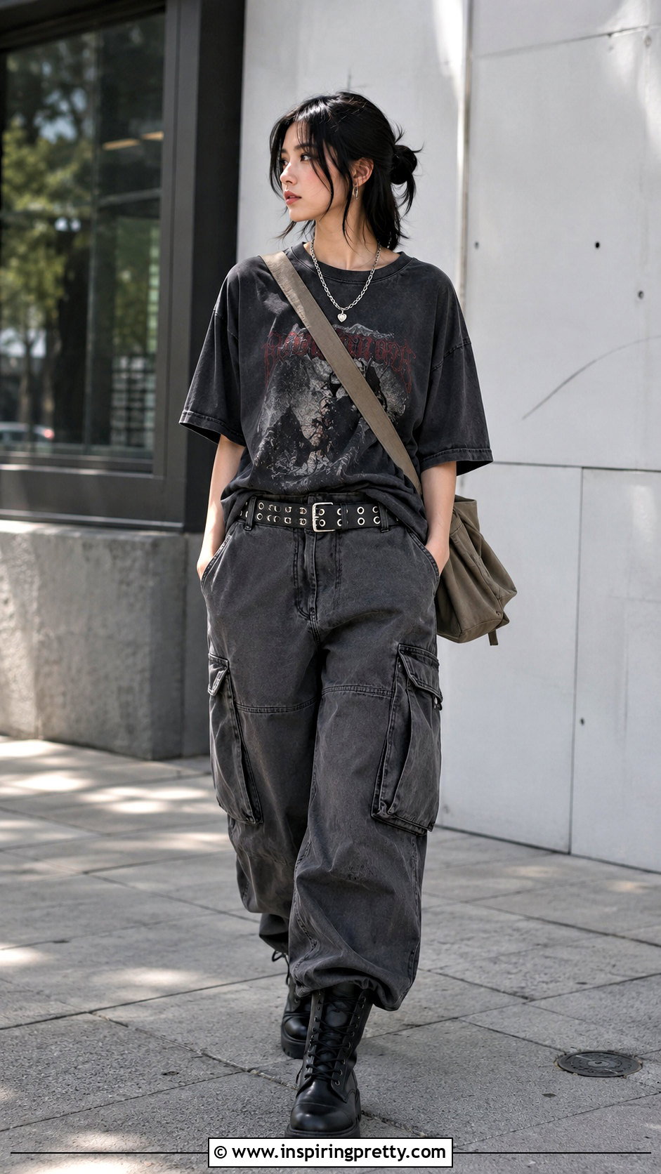 Band Tee With Cargo Pants - 50 alt tops outfit ideas