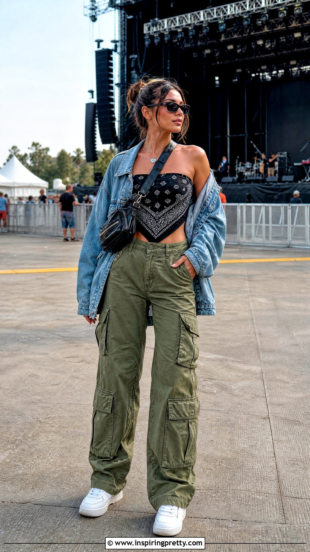 Bandana Top With Denim Jacket And Cargo Pants - 50 bandana top outfit ideas