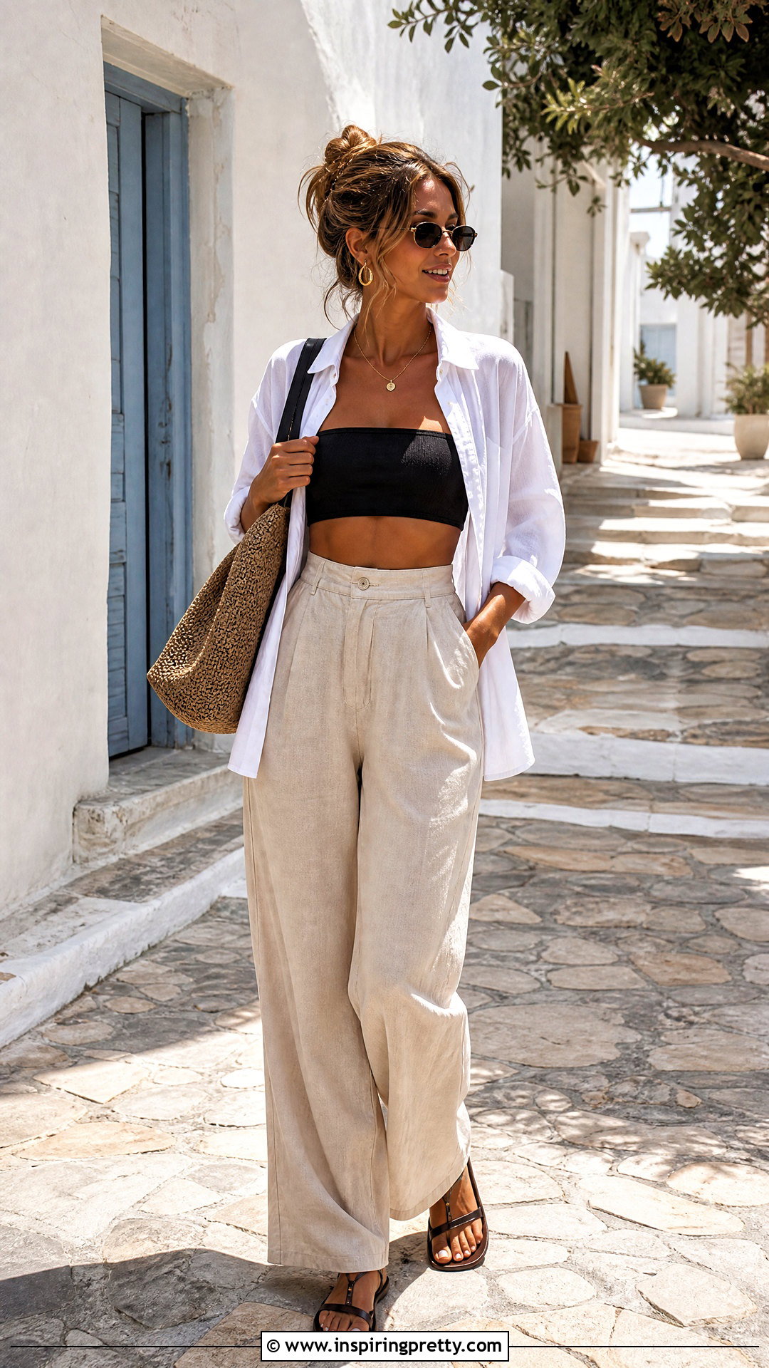 Bandeau Crop Top With Open Shirt - 50 cute crop tops outfit ideas