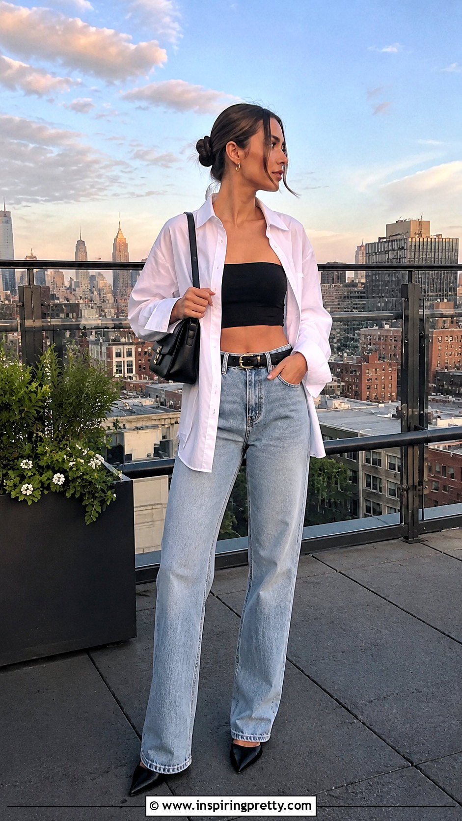 Bandeau Top With Oversized Shirt And Jeans - 50 jeans and top outfit going out ideas