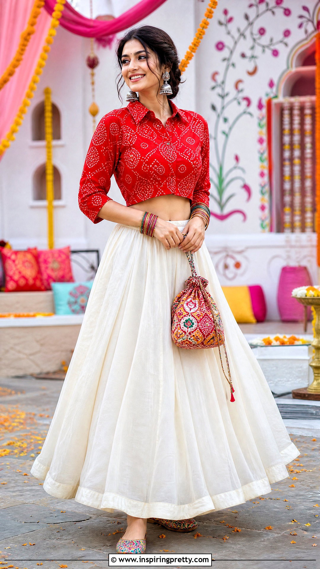 Bandhani Crop Shirt With White Lehenga Outfit - 25 shirt crop top lehenga outfit ideas
