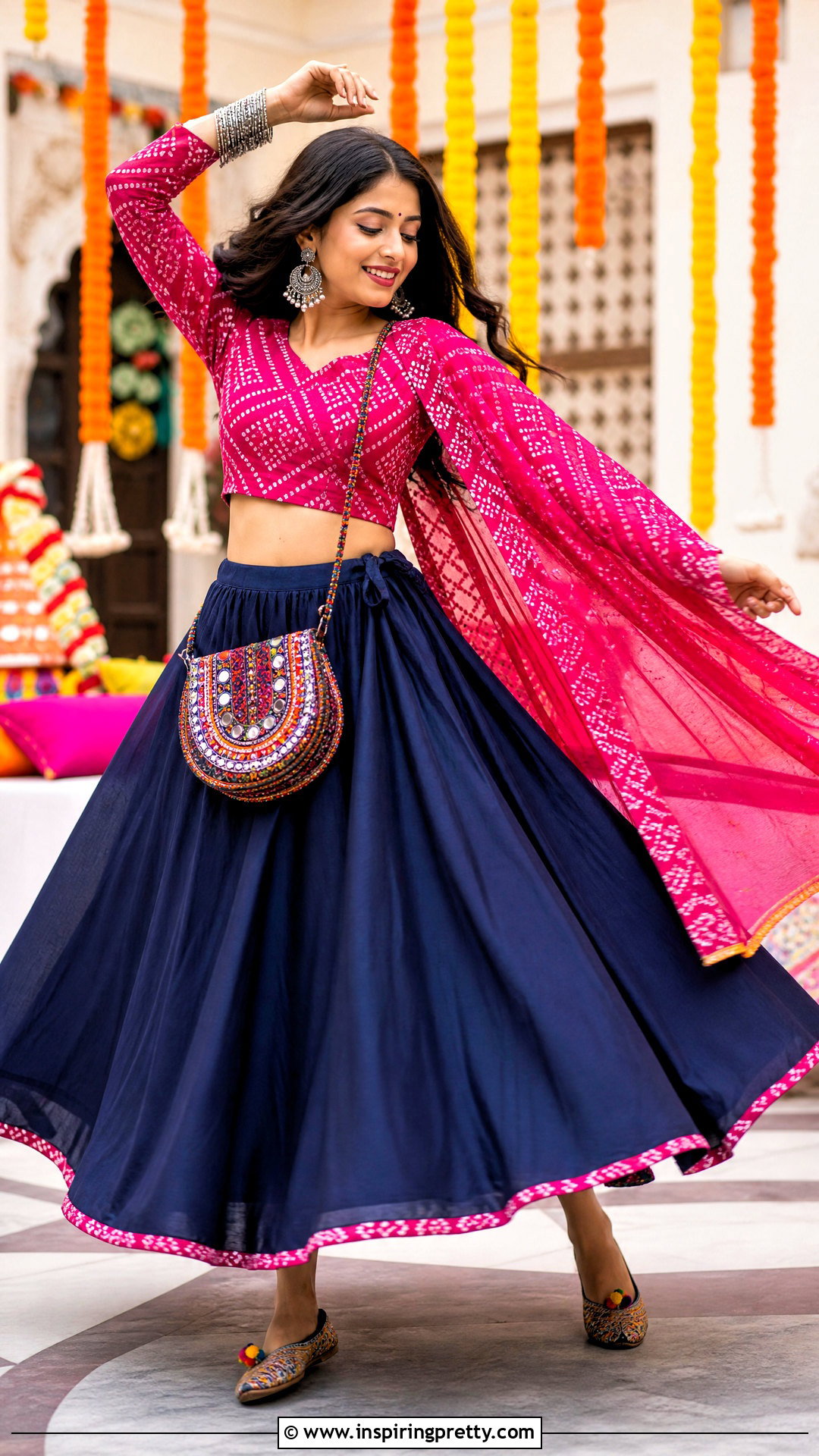 Bandhani Crop Top And Solid Flared Skirt - 25 crop top and skirt indian party wear for women outfit ideas