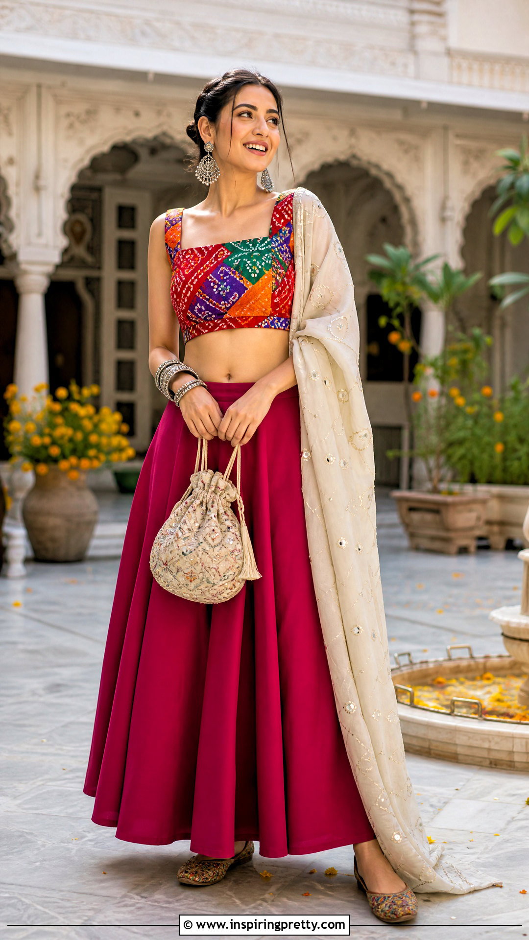 Bandhani Crop Top Blouse With Plain Skirt - 50 crop top blouse designs