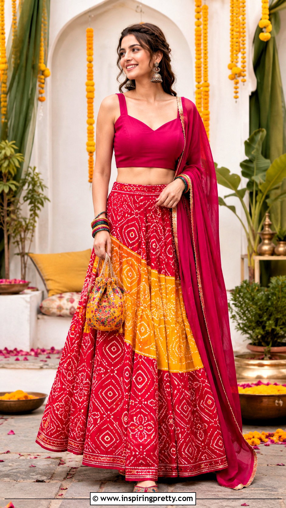 Bandhani Crop Top Lehenga - 50 Modern Lehenga Designs Crop Tops outfit ideas