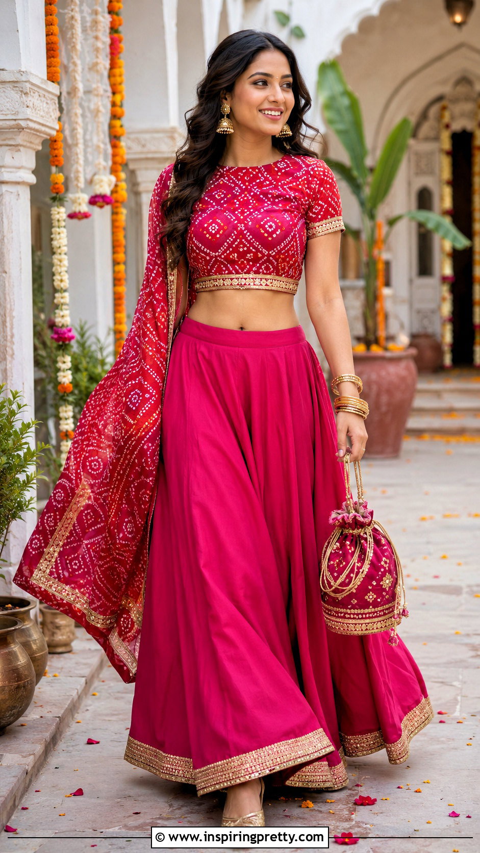 Bandhani Crop Top With Solid Lehenga - 50 traditional crop top designs
