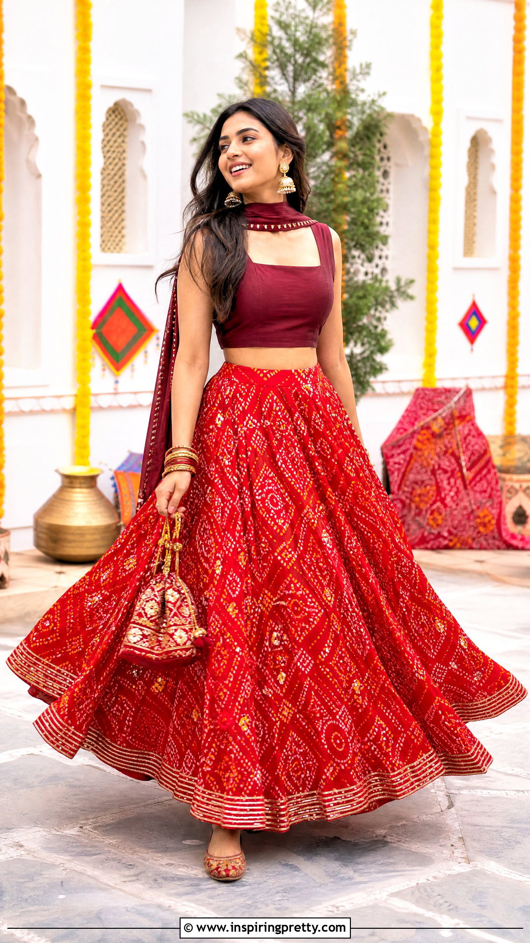 Bandhani Indian Skirt And Solid Top Outfit - 50 indian skirt and top outfits