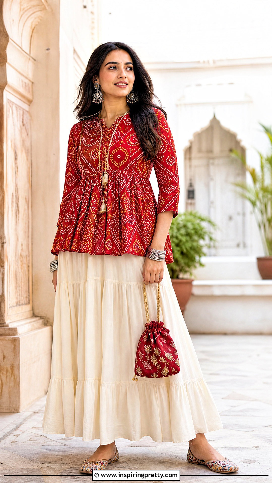 Bandhani Kurti Top With Maxi Skirt - 50 kurti top outfit ideas