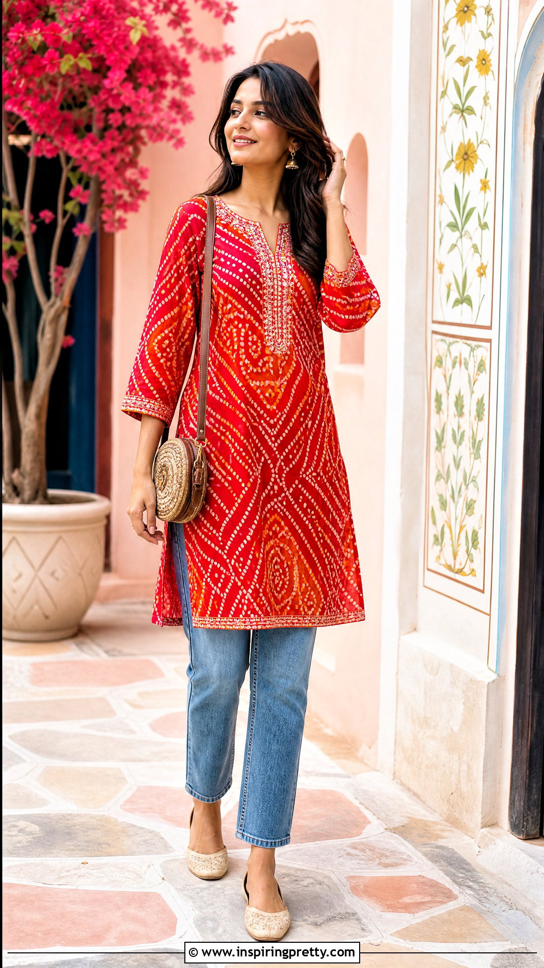 Bandhani Kurti With Blue Jeans - 50 kurti tops for jeans
