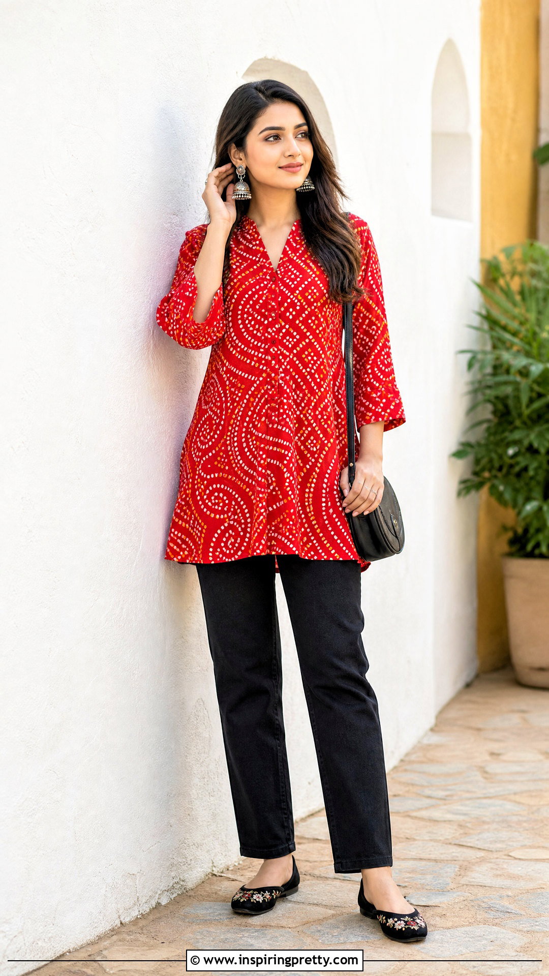 Bandhani Short Kurtha Top With Black Jeans - 20 Short Kurtha Tops For Women