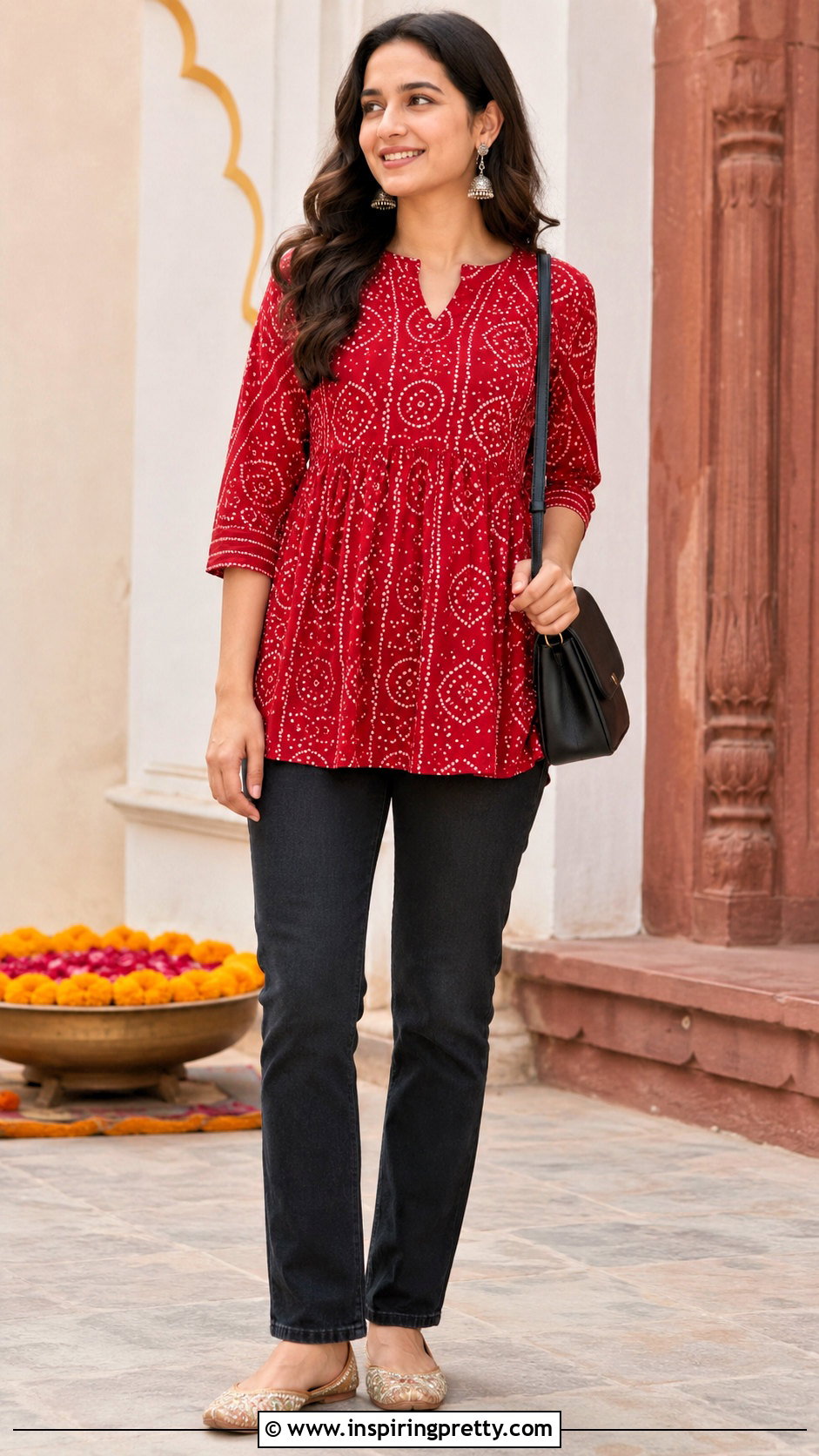 Bandhani Short Kurti With Black Jeans - 50 short kurti tops for jeans