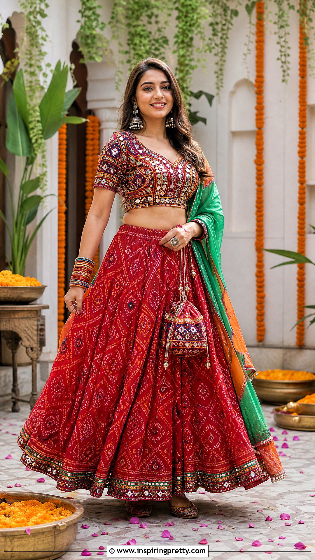 Bandhani Skirt With Mirror Work Blouse - 50 traditional skirt and top outfits