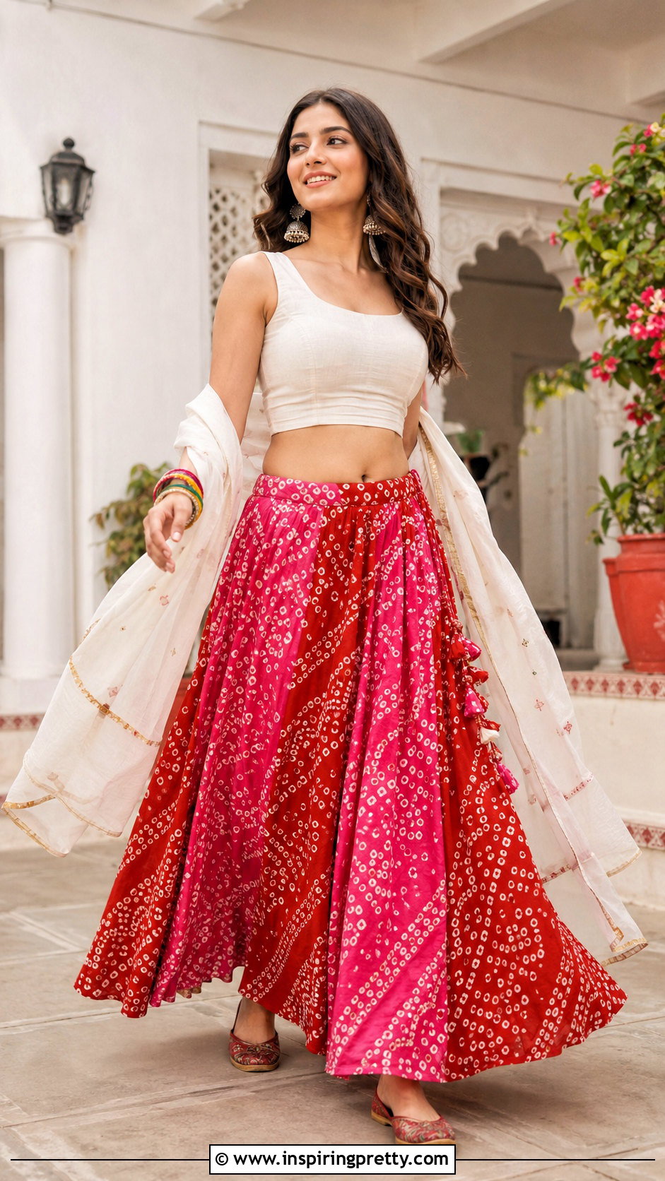 Bandhani Skirt With Plain Crop Top - 20 skirt with crop top indian outfit ideas