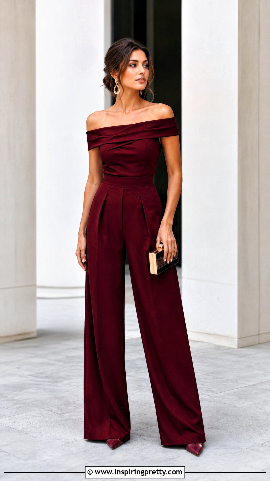 Bardot Top With Tailored Jumpsuit Pants - 50 dressy tops outfit ideas