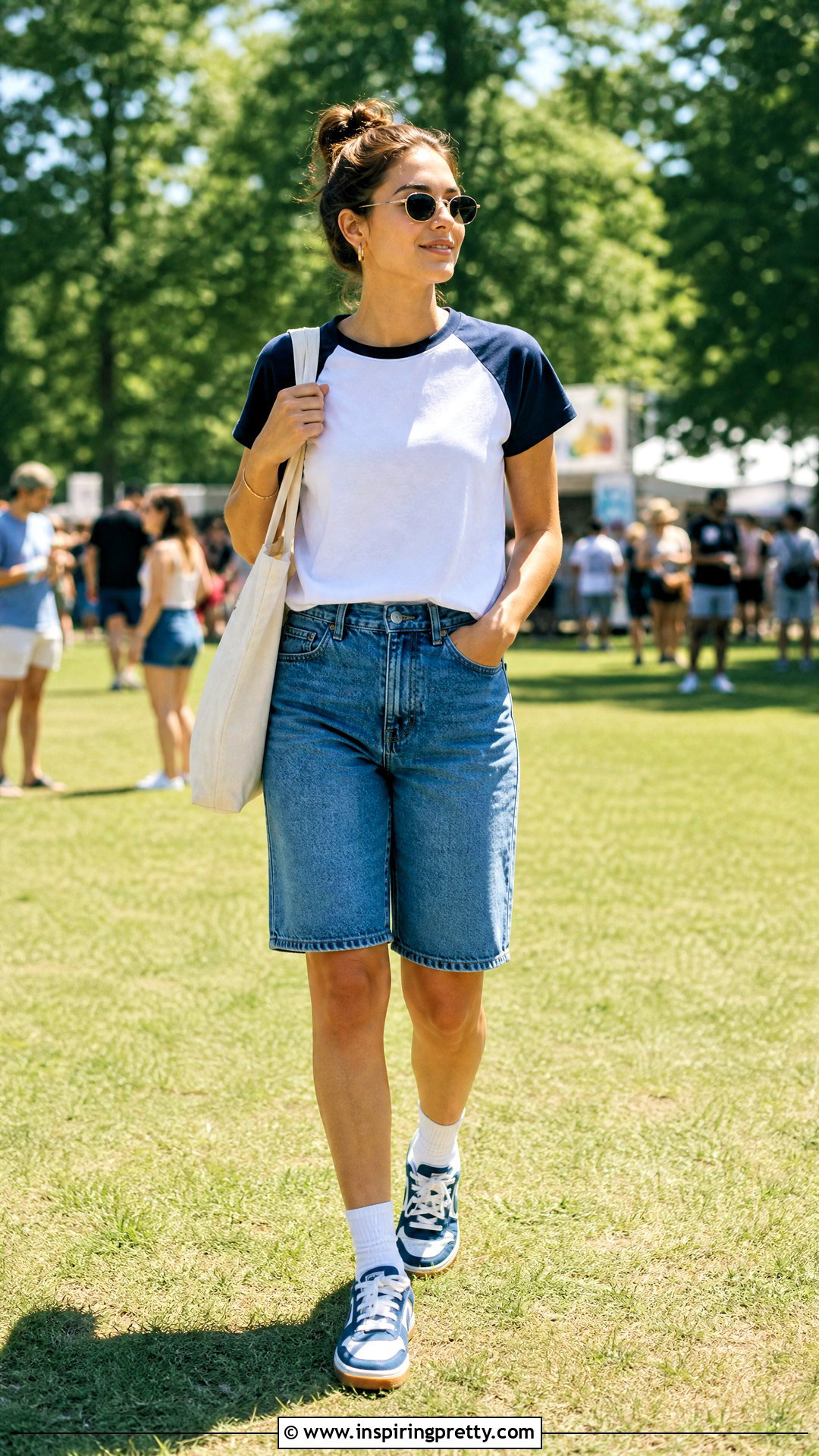 Baseball T Shirt With Denim Bermuda Shorts - 50 casual summer tops outfit ideas