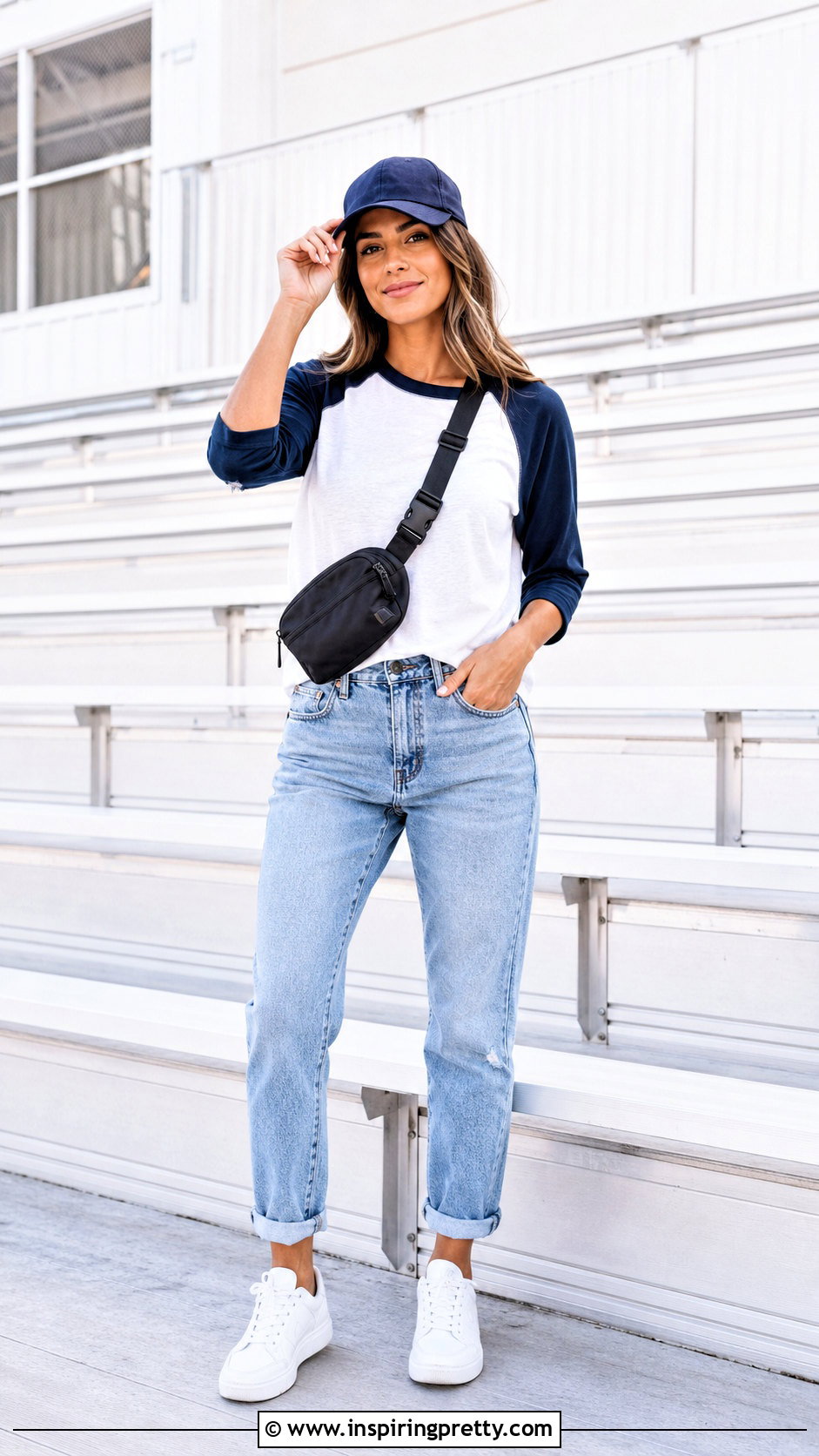 Baseball Top And Boyfriend Jeans Cap Touch Pose - 50 jeans top photoshoot poses