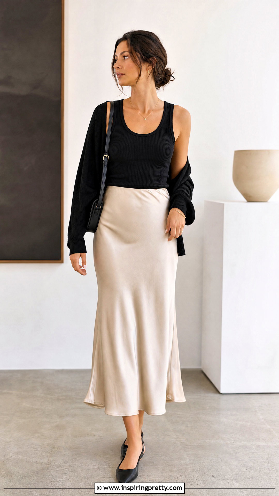 Basic Black Ribbed Tank And Satin Midi Skirt Outfit - 50 basic tops aesthetic ideas