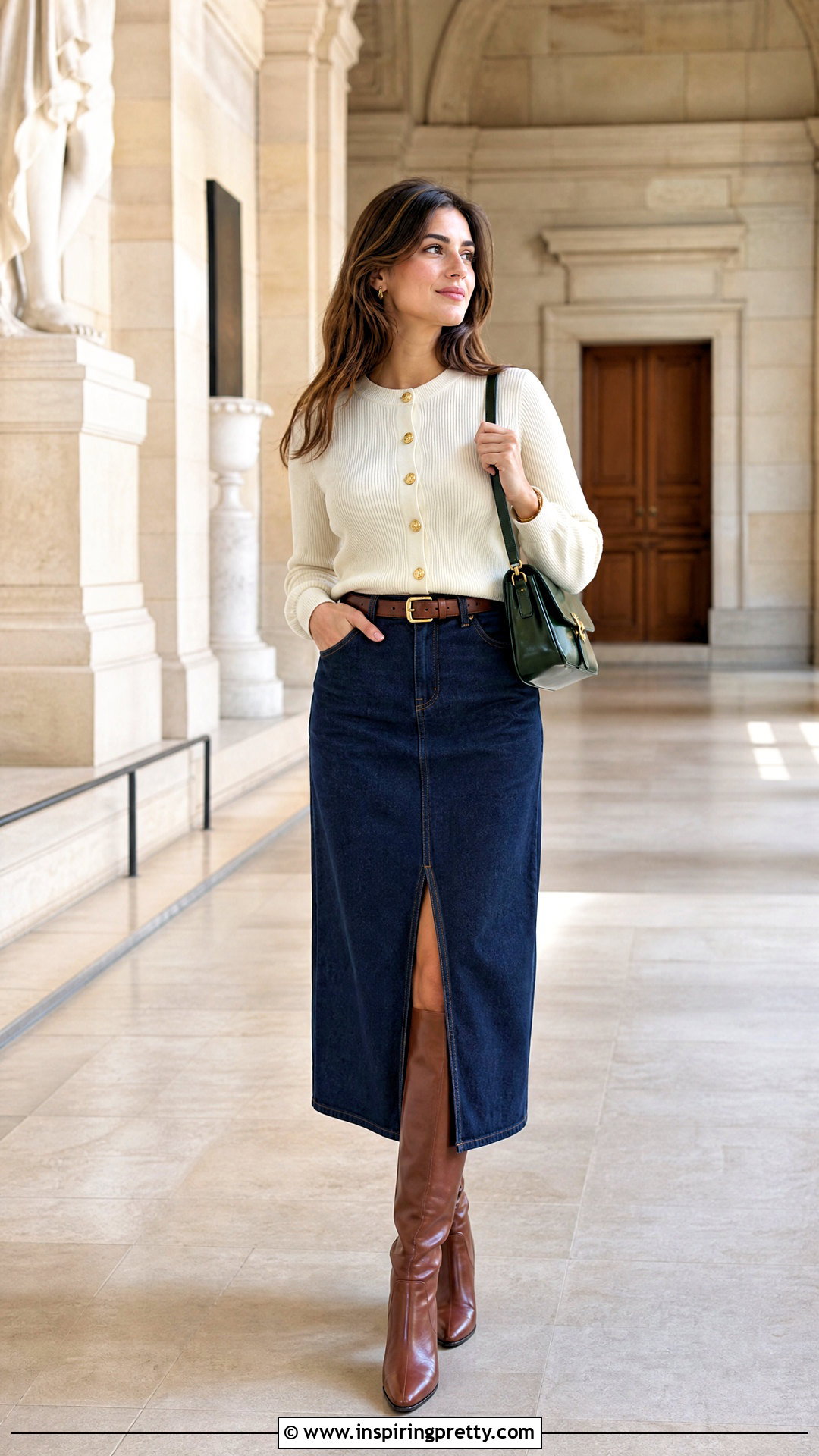 Basic Knit Gold Button Top With Denim Midi Skirt - 20 Basic Knit Gold Button Top outfit ideas