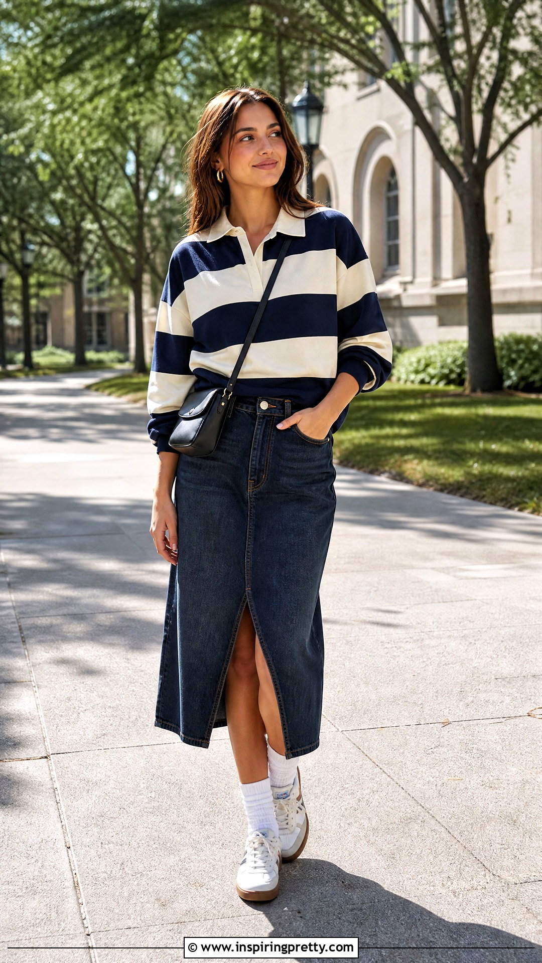 Basic Rugby Top And Denim Skirt Outfit - 50 basic tops aesthetic ideas