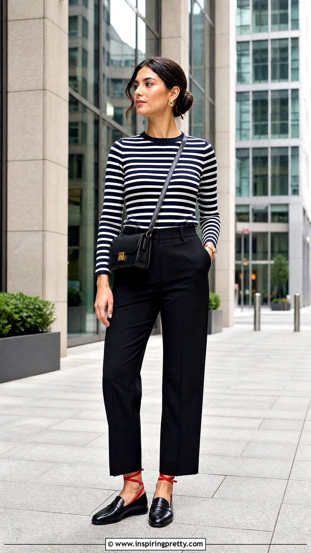 Basic Striped Long Sleeve Top And Black Trousers Outfit - 50 basic tops aesthetic ideas