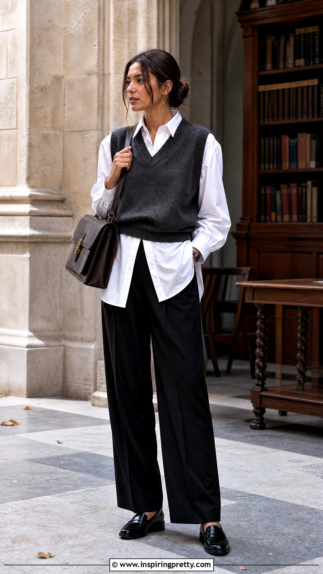 Basic Sweater Vest And White Shirt With Trousers Outfit - 50 basic tops aesthetic ideas