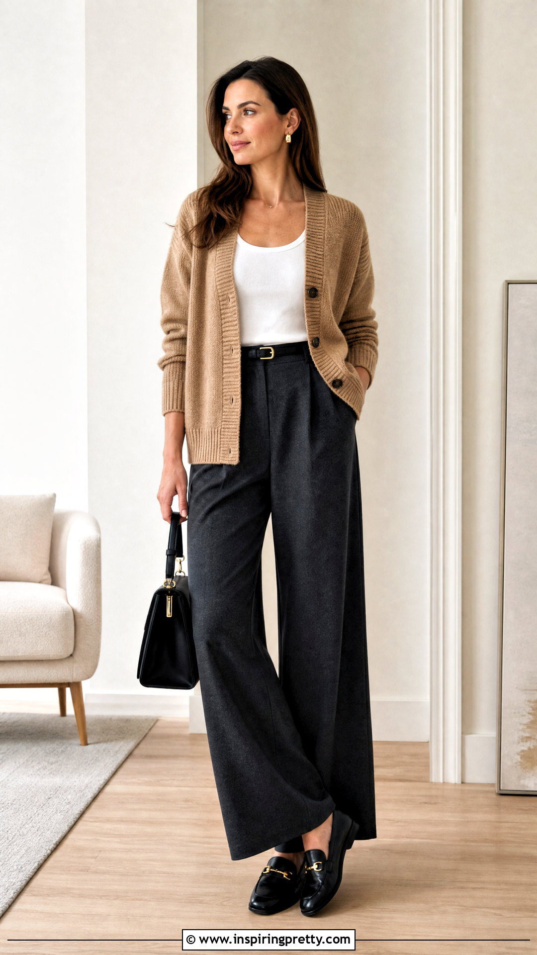 Basic Top With Cardigan And Trousers - 50 basic tops outfit ideas