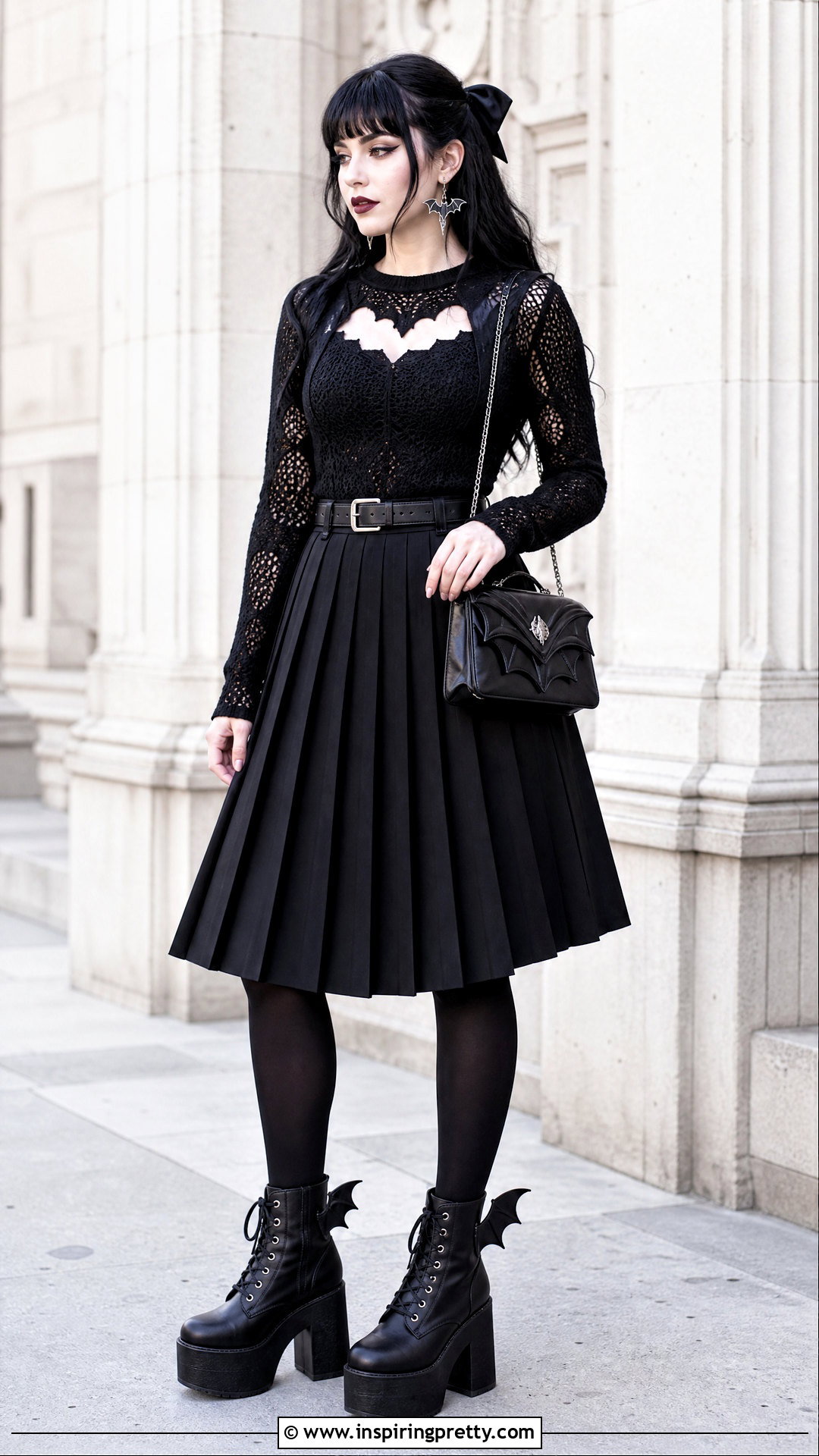 Bat Crochet Top With Pleated Skirt - 50 goth crochet top outfit ideas