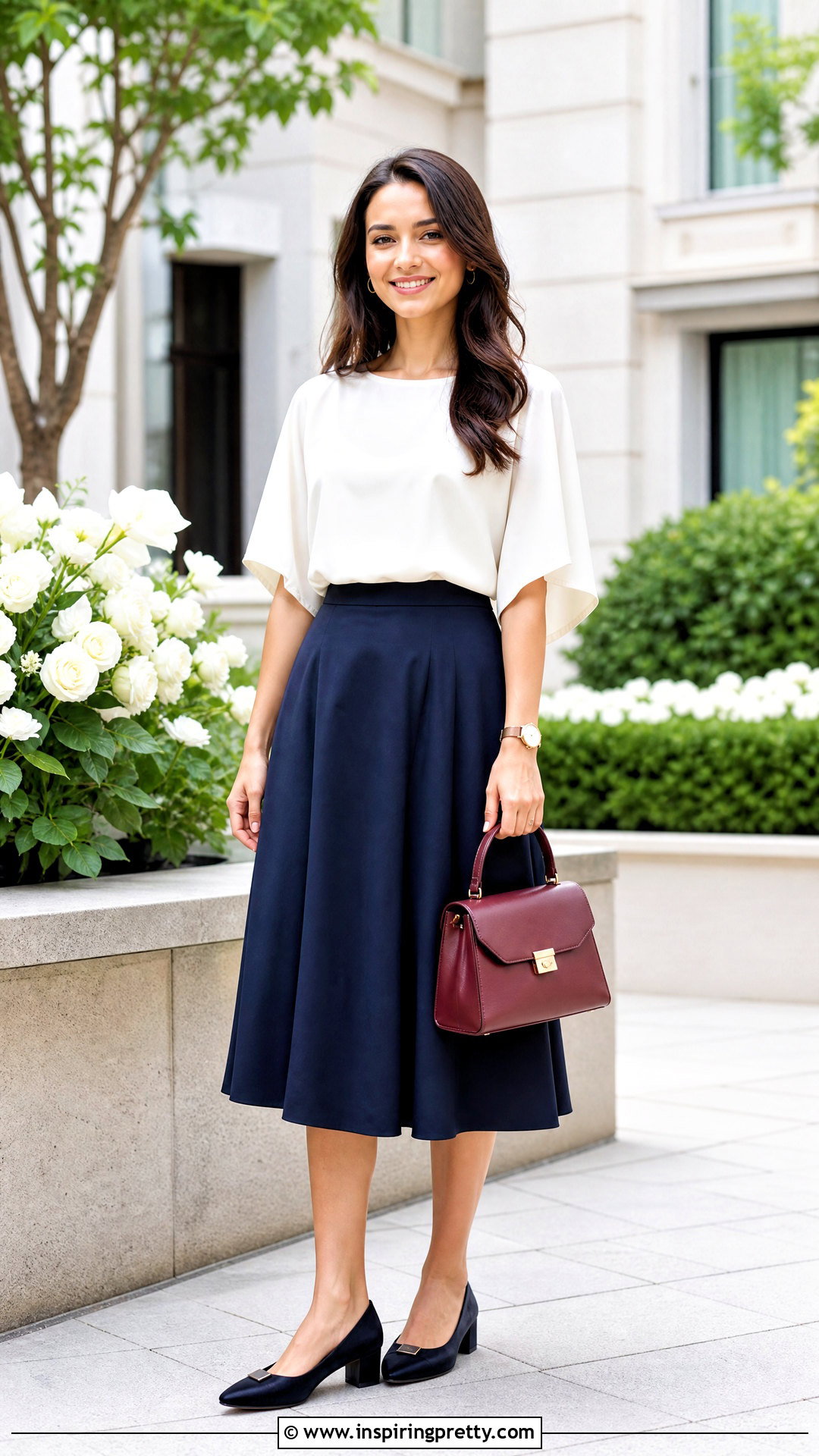 Bat Sleeve Top With A Line Midi Skirt Outfit - 50 bat sleeve top outfit ideas